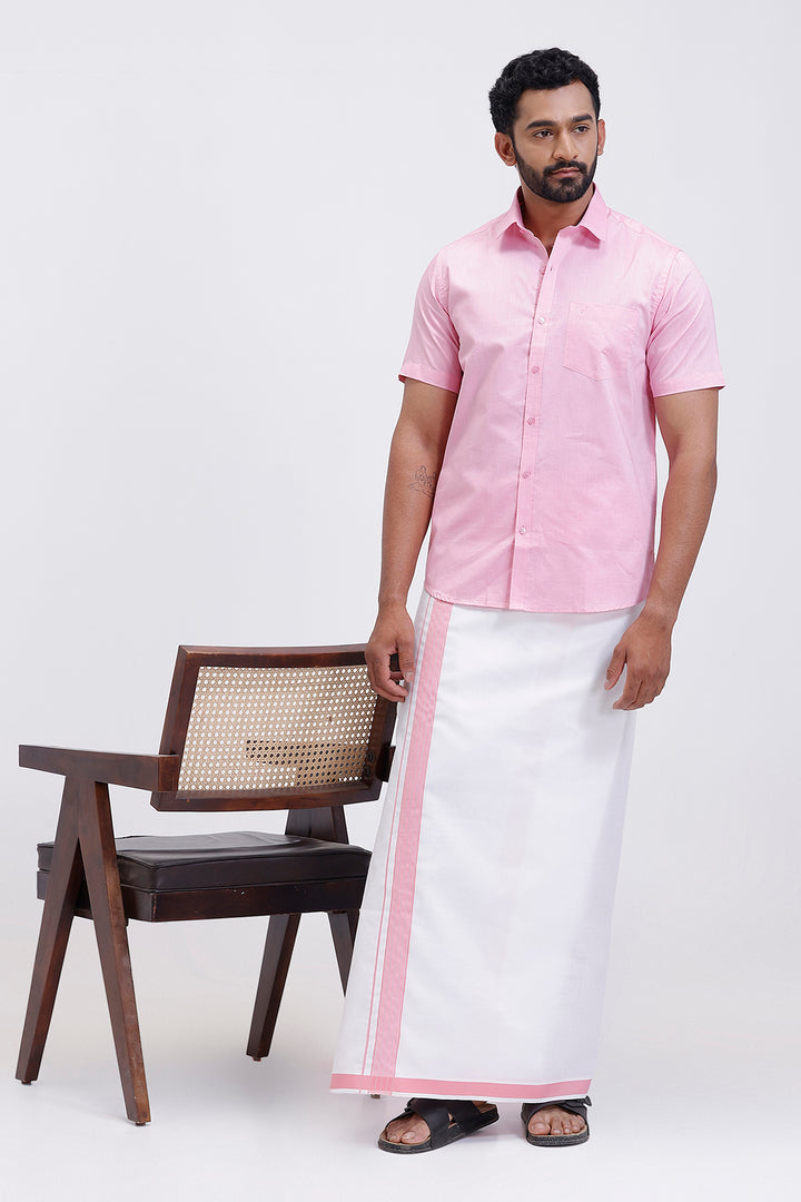 Classic Pixel pink shirt with white fancy border dhoti combo