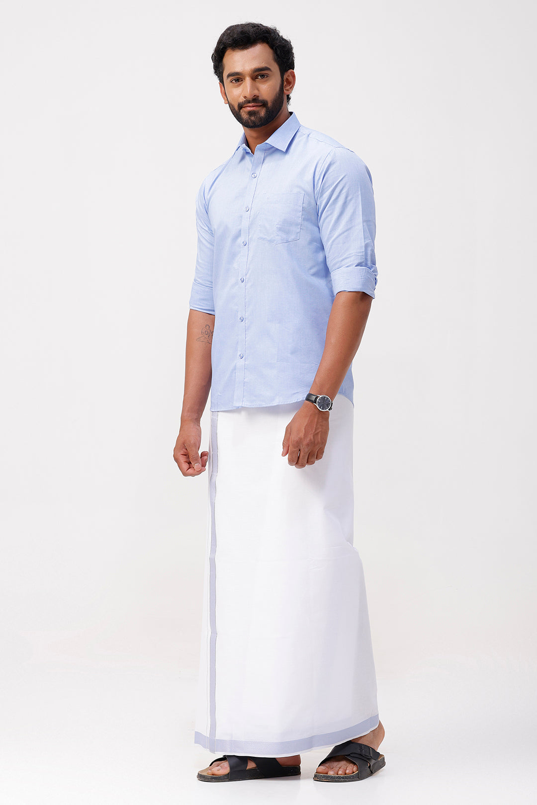 Pixel Grand - Pastel Blue Matching Shirt And Single Layered Jacquard Fancy Border Dhoti Set For Men | Uathayam