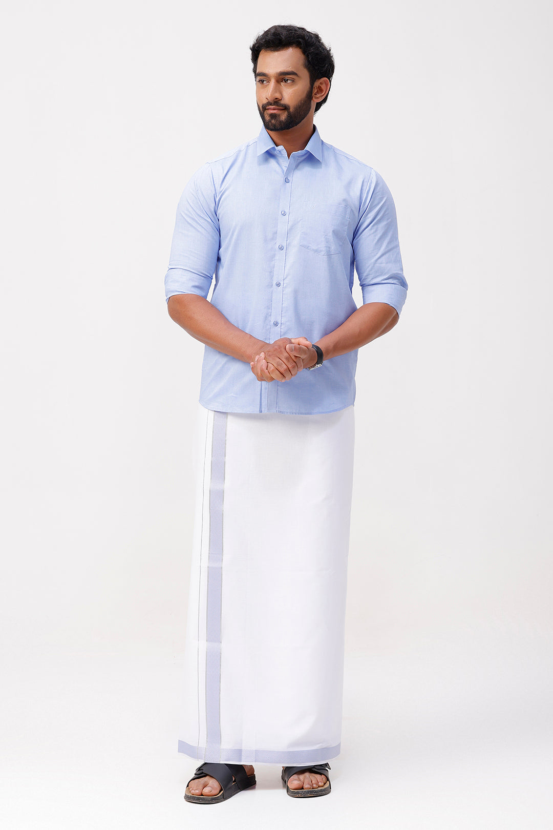 Pixel Grand - Pastel Blue Matching Shirt And Single Layered Jacquard Fancy Border Dhoti Set For Men | Uathayam