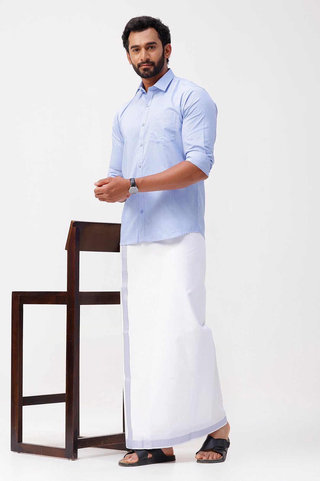 Pixel Grand - Pastel Blue Matching Shirt And Single Layered Jacquard Fancy Border Dhoti Set For Men | Uathayam