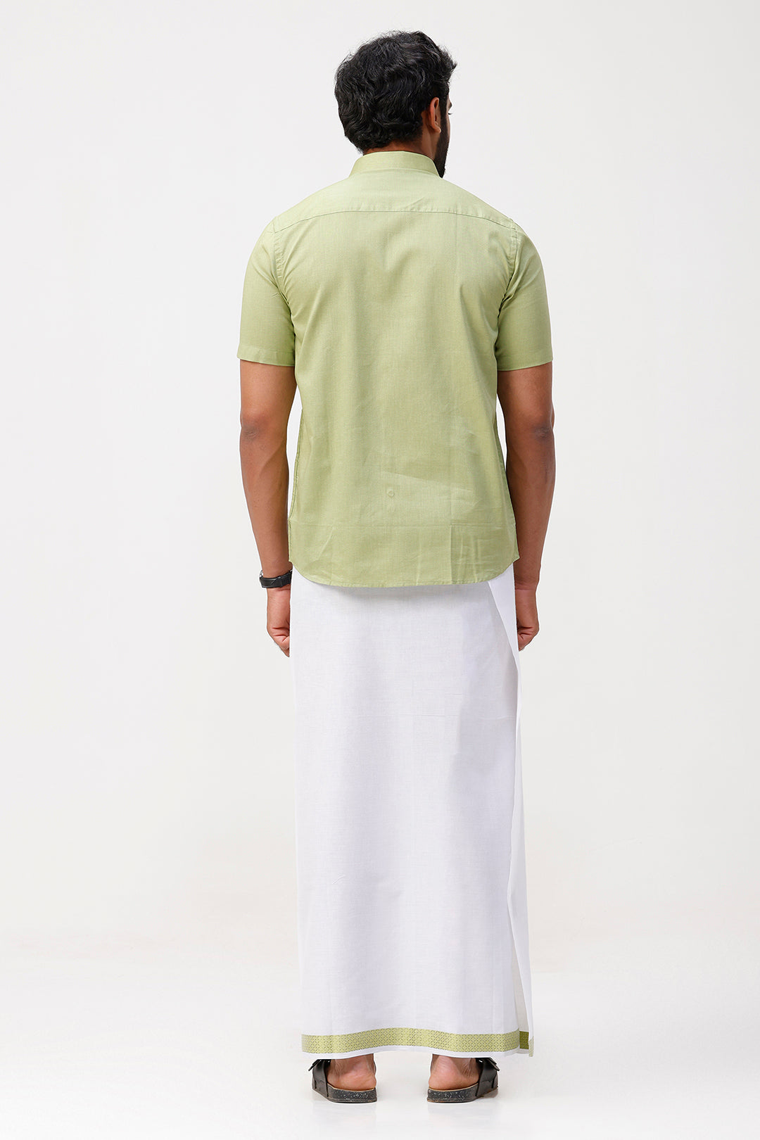 Pixel Grand - Leaf Green Matching Shirt And Single Layered Jacquard Fancy Border Dhoti Set For Men | Uathayam