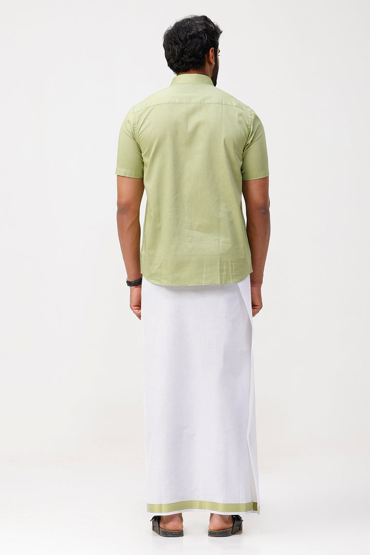 Pixel Grand - Leaf Green Matching Shirt And Single Layered Jacquard Fancy Border Dhoti Set For Men | Uathayam