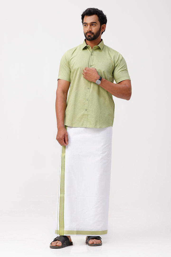 Pixel Grand - Leaf Green Matching Shirt And Single Layered Jacquard Fancy Border Dhoti Set For Men | Uathayam