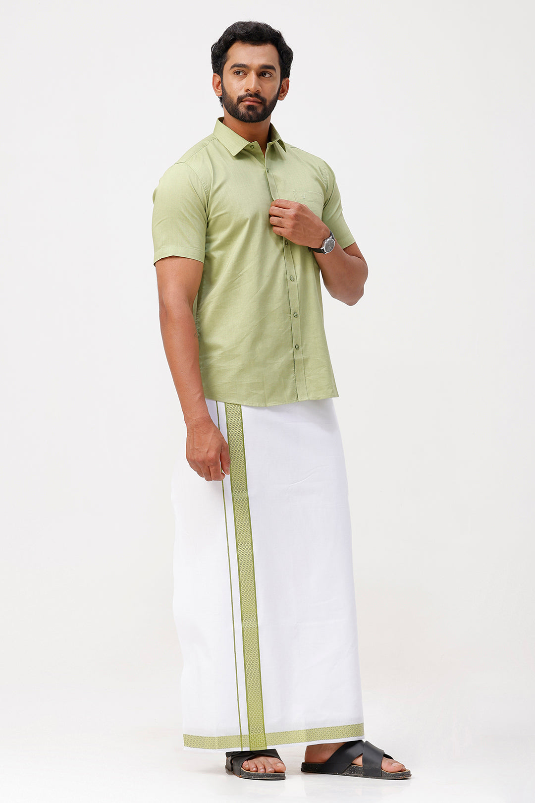 Pixel Grand - Leaf Green Matching Shirt And Single Layered Jacquard Fancy Border Dhoti Set For Men | Uathayam