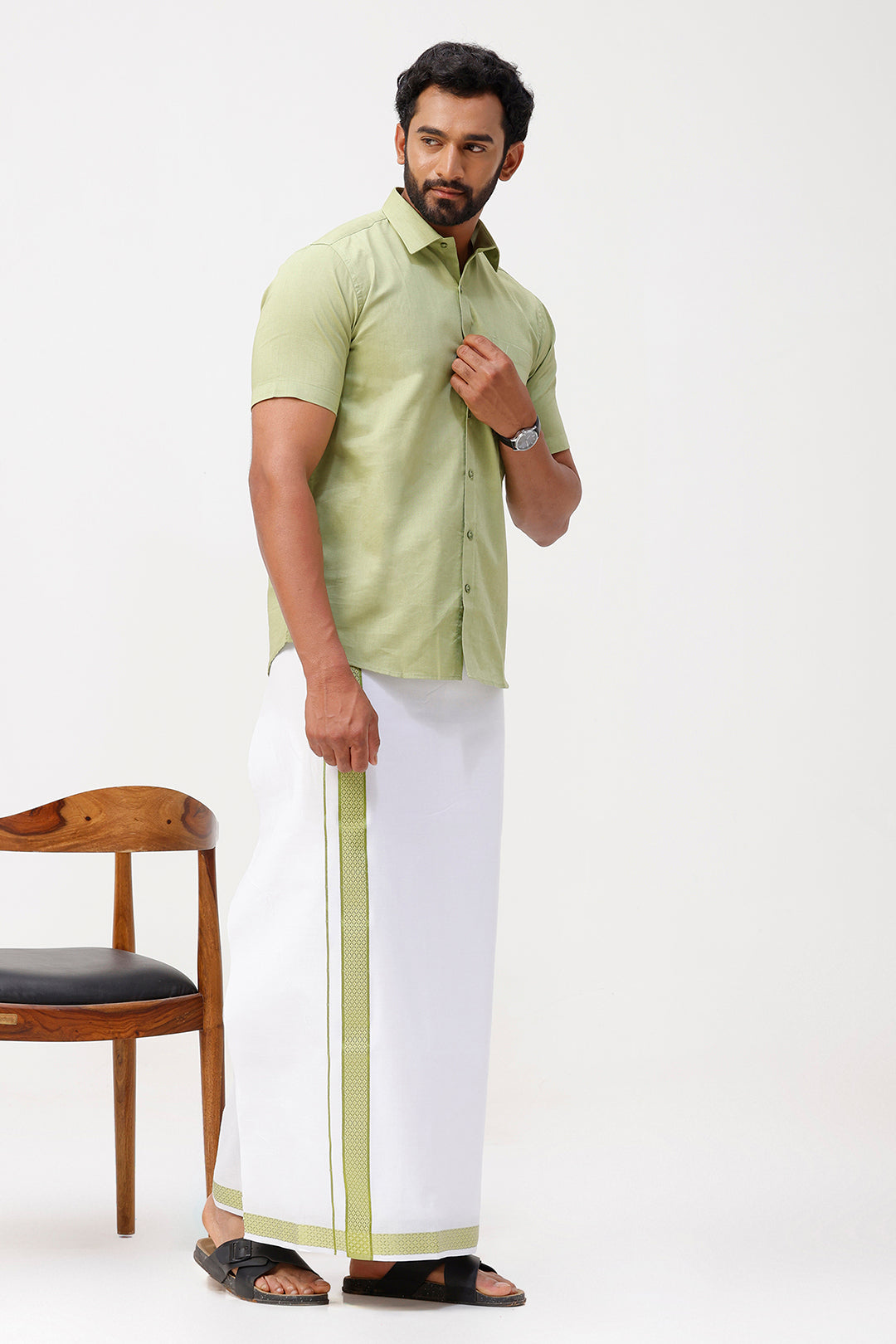 Pixel Grand - Leaf Green Matching Shirt And Single Layered Jacquard Fancy Border Dhoti Set For Men | Uathayam