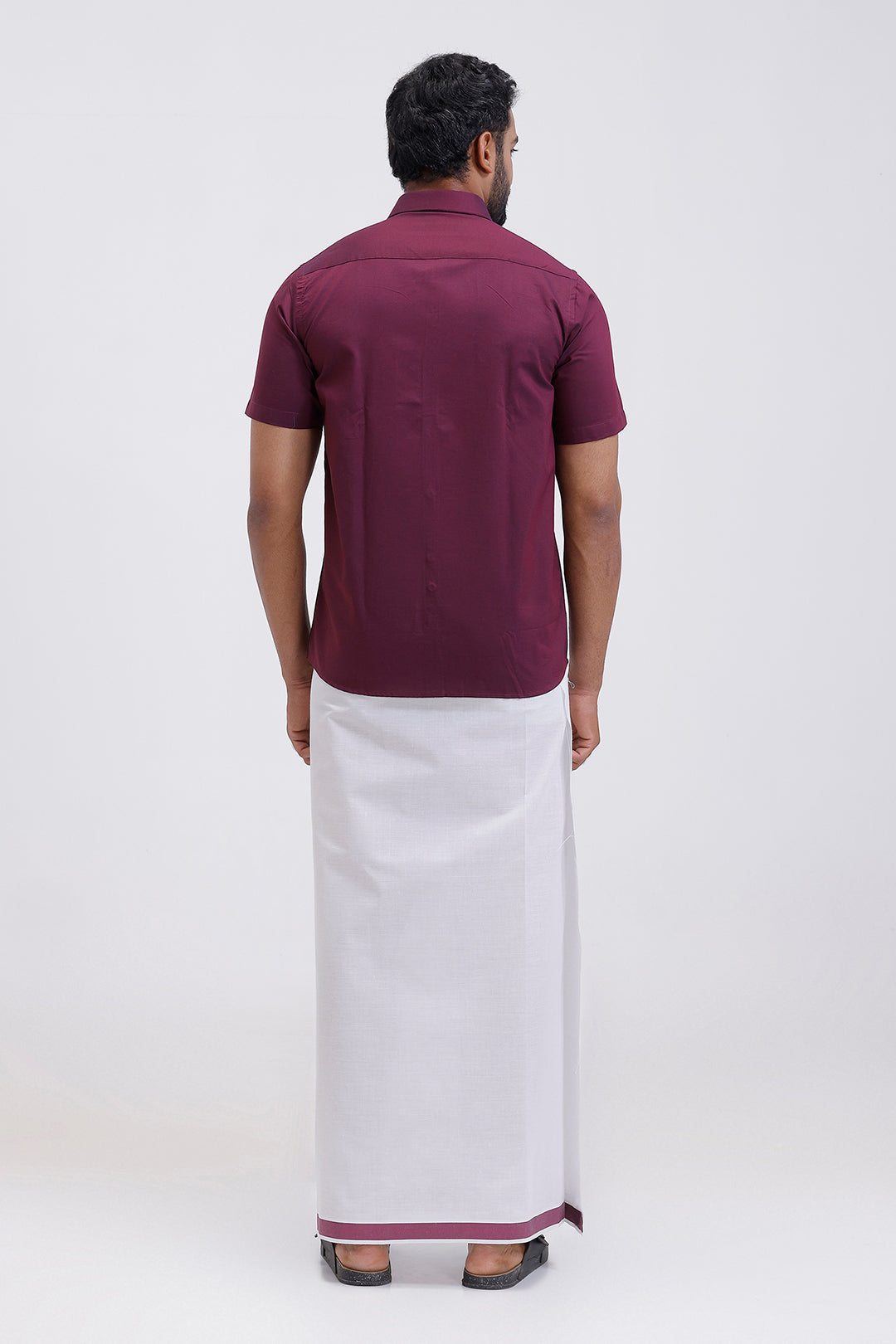 Pixel plum red matching shirt paired with double design dhoti for men