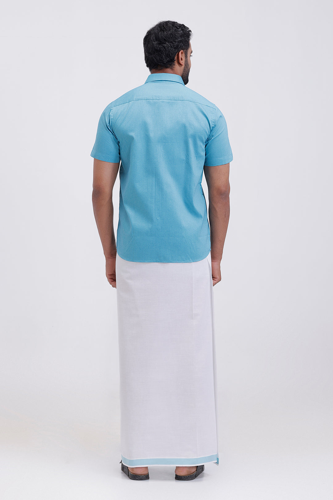 South Indian traditional wear ramar blue shirt and fancy border dhoti