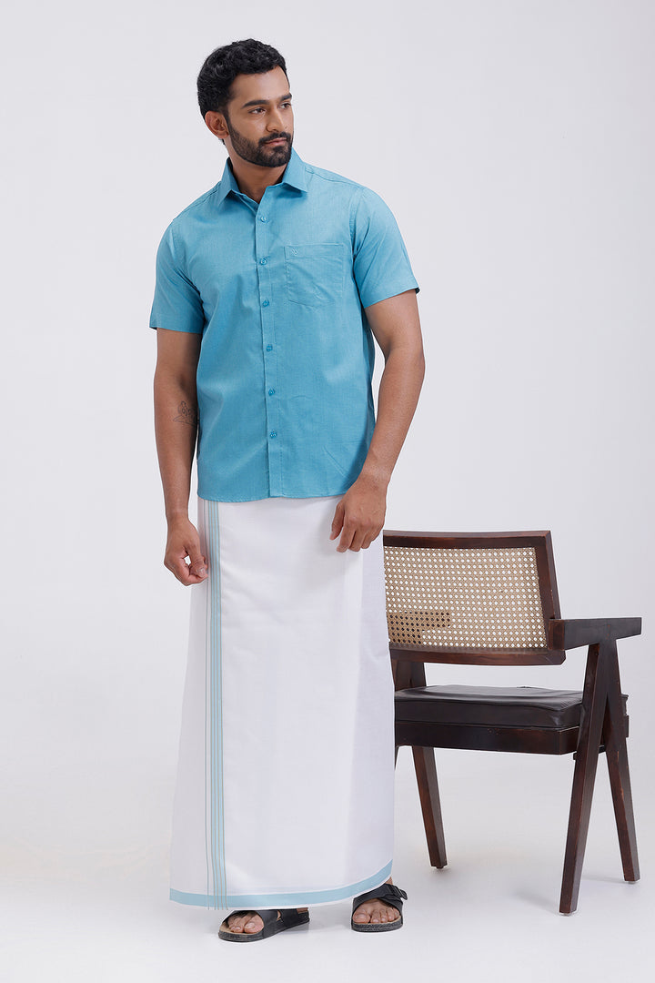 Pixel ramar blue matching shirt paired with double design dhoti for men