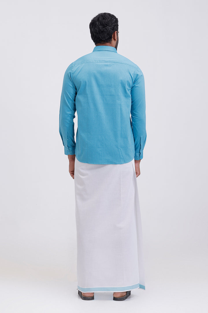 Classic Pixel ramar blue shirt with white fancy border dhoti combo