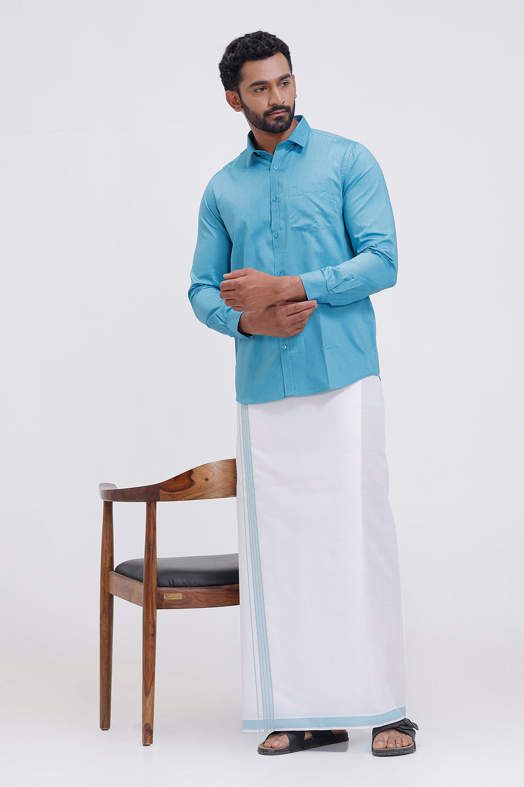 Uathayam Pixel men ramar blue shirt and single layer dhoti set
