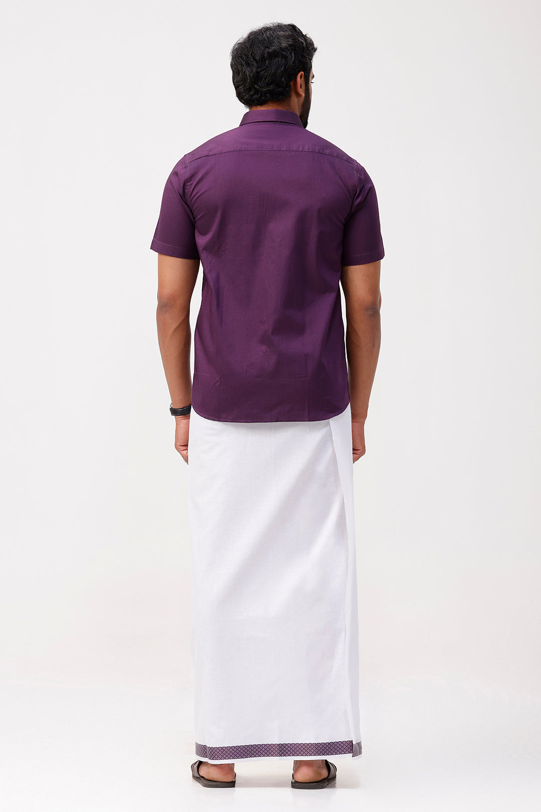 Pixel Grand - Dark Violet Matching Shirt And Single Layered Jacquard Fancy Border Dhoti Set For Men | Uathayam