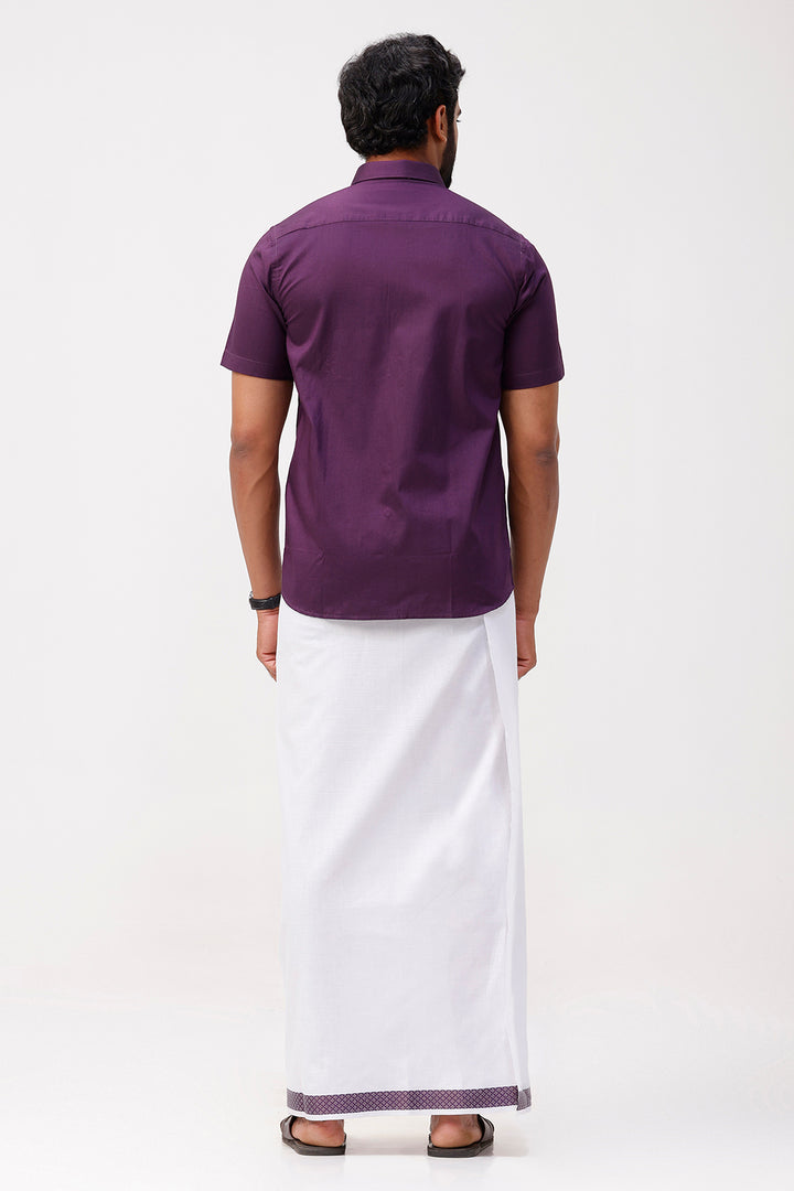 Pixel Grand - Dark Violet Matching Shirt And Single Layered Jacquard Fancy Border Dhoti Set For Men | Uathayam