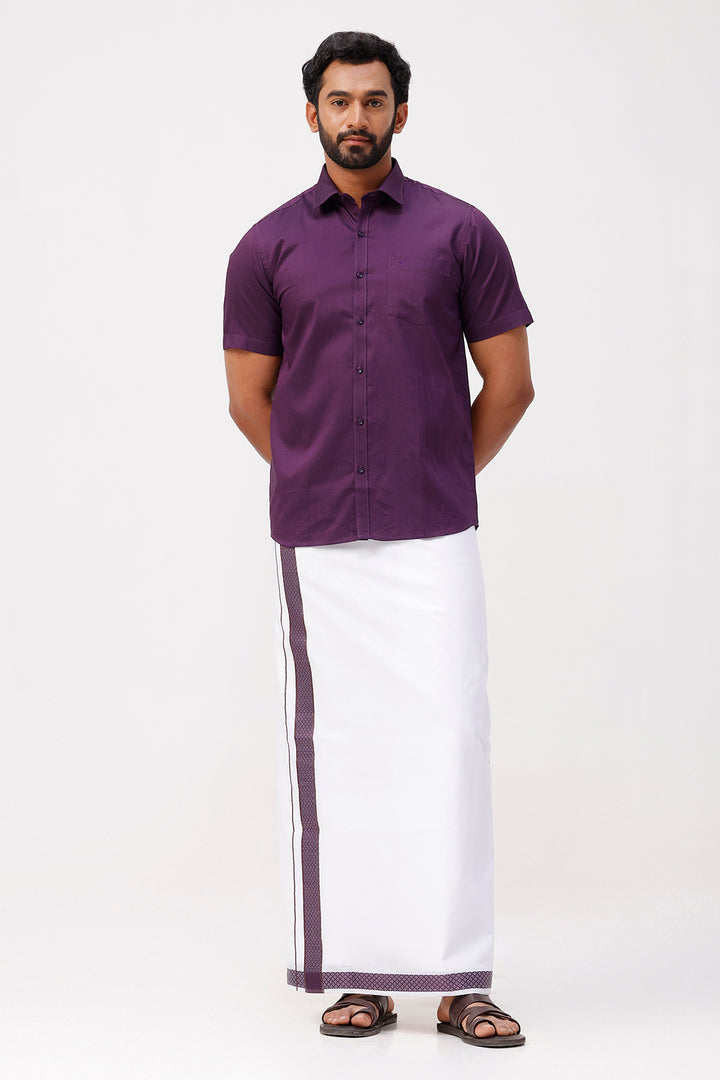 Pixel Grand - Dark Violet Matching Shirt And Single Layered Jacquard Fancy Border Dhoti Set For Men | Uathayam