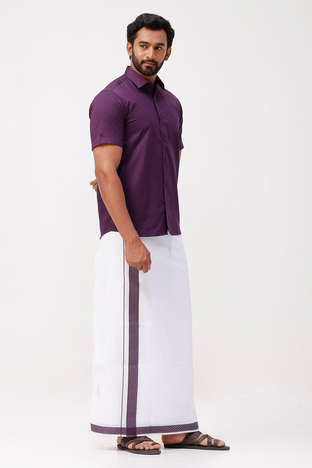 Pixel Grand - Dark Violet Matching Shirt And Single Layered Jacquard Fancy Border Dhoti Set For Men | Uathayam