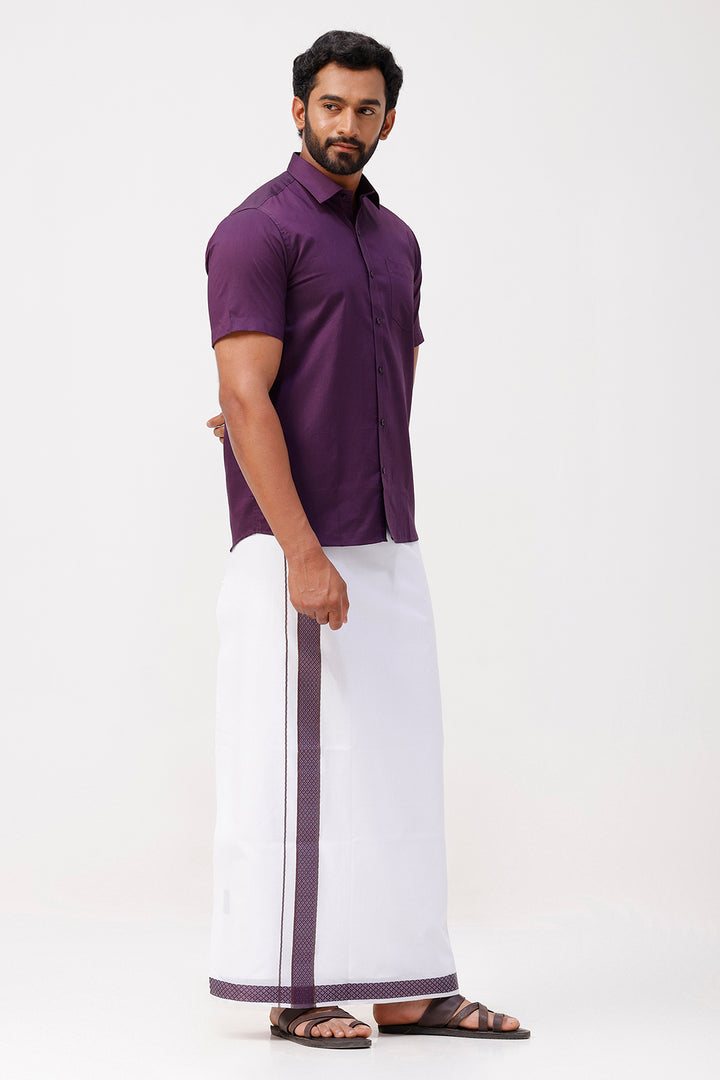 Pixel Grand - Dark Violet Matching Shirt And Single Layered Jacquard Fancy Border Dhoti Set For Men | Uathayam