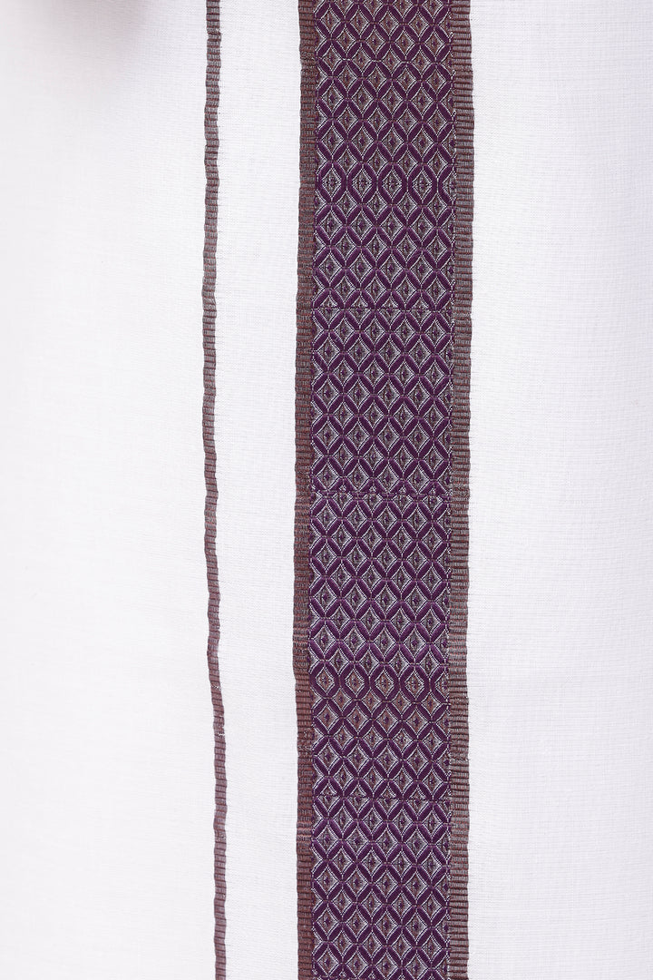 Pixel Grand - Dark Violet Matching Shirt And Single Layered Jacquard Fancy Border Dhoti Set For Men | Uathayam