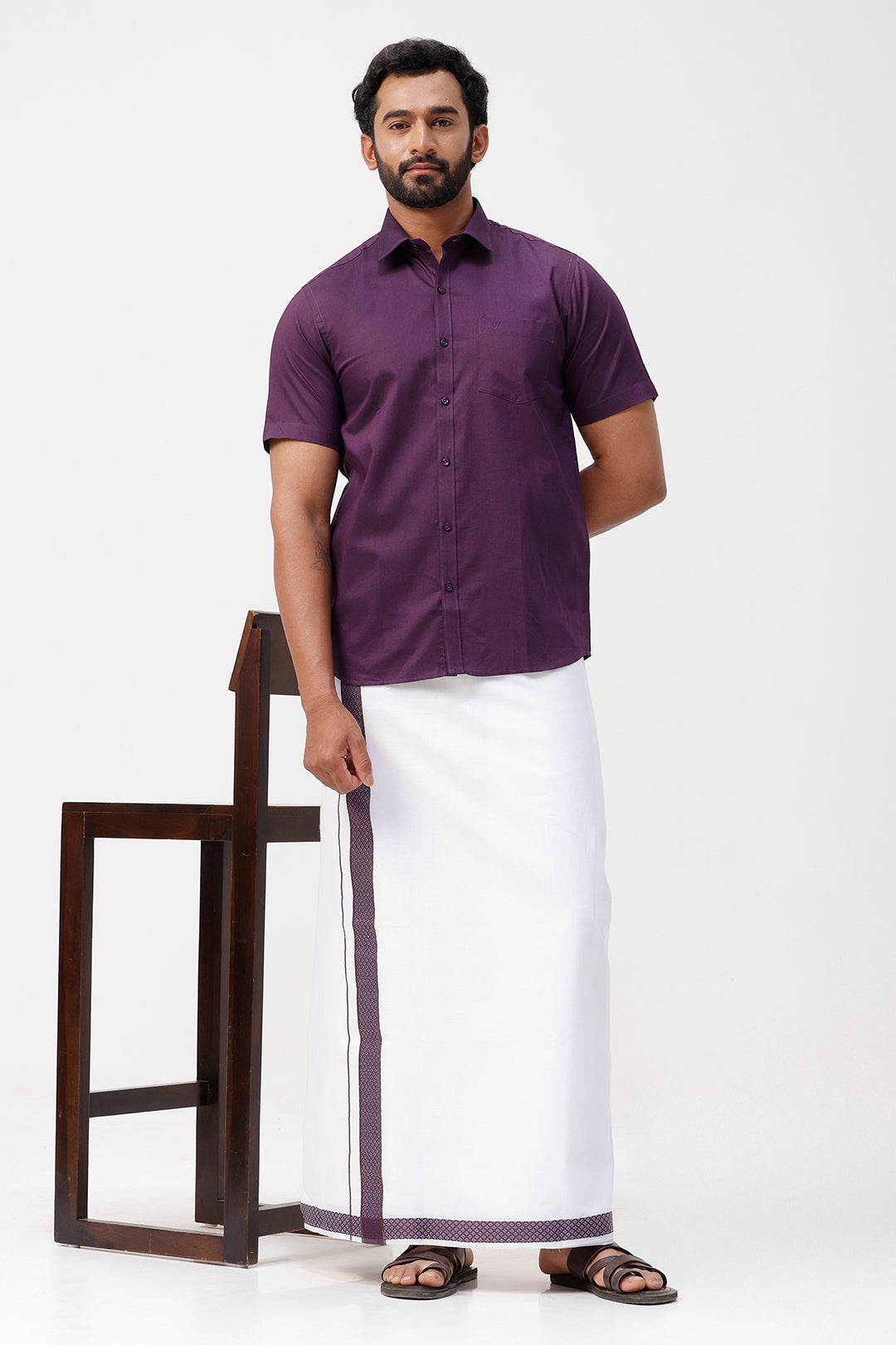 Pixel Grand - Dark Violet Matching Shirt And Single Layered Jacquard Fancy Border Dhoti Set For Men | Uathayam