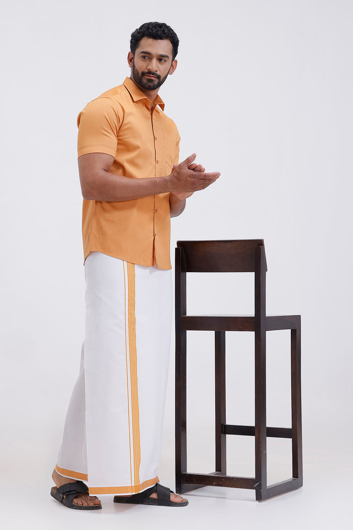 Pixel mustard gold matching shirt paired with double design dhoti for men