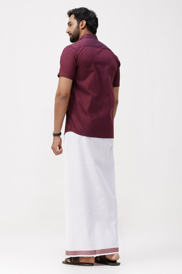 Pixel Grand -Plum Red Matching Shirt And Single Layered Fancy Border Dhoti Set For Men | Uathayam