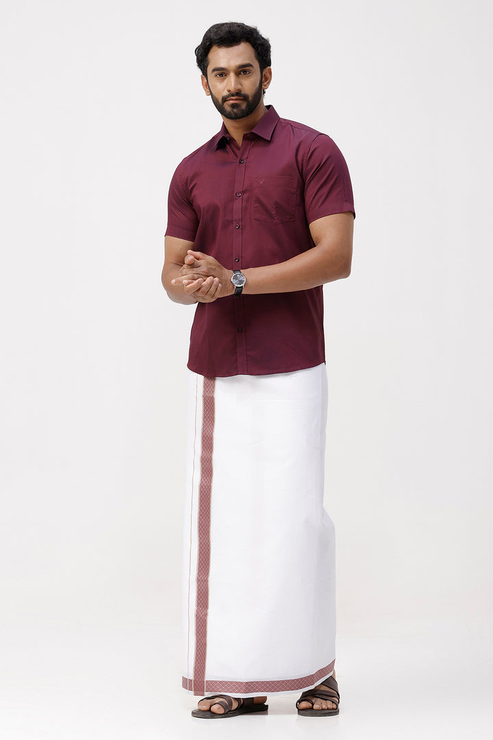 Pixel Grand -Plum Red Matching Shirt And Single Layered Fancy Border Dhoti Set For Men | Uathayam