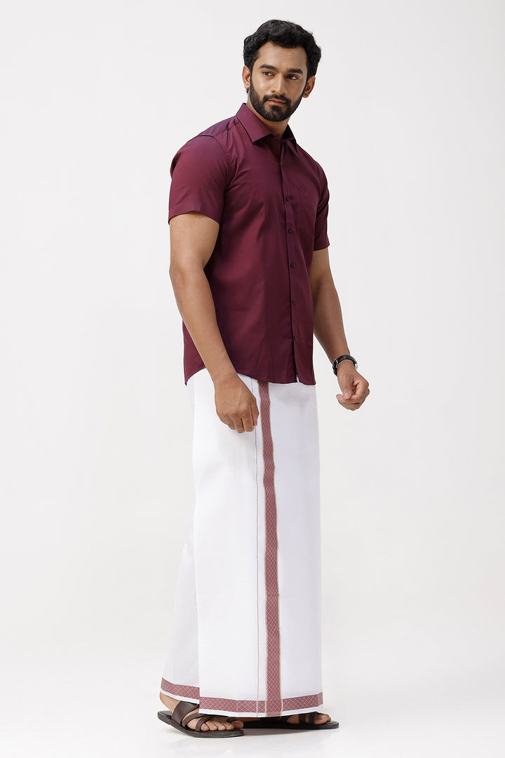 Pixel Grand -Plum Red Matching Shirt And Single Layered Fancy Border Dhoti Set For Men | Uathayam