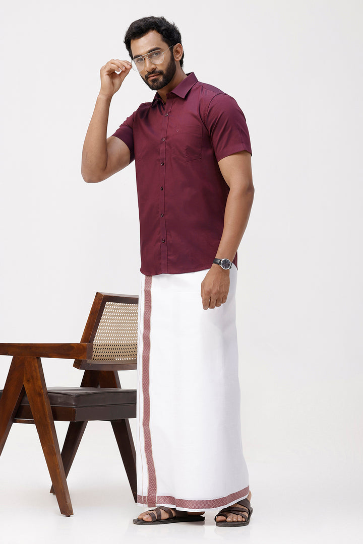 Pixel Grand -Plum Red Matching Shirt And Single Layered Fancy Border Dhoti Set For Men | Uathayam