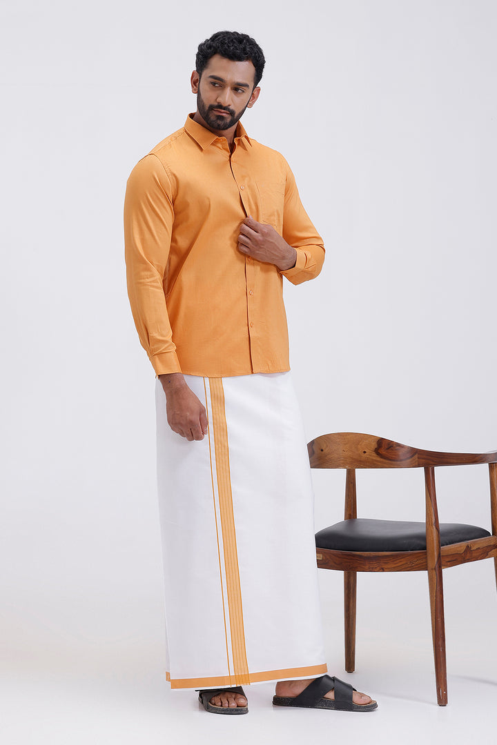 Uathayam Pixel men mustard gold shirt and single layer dhoti set