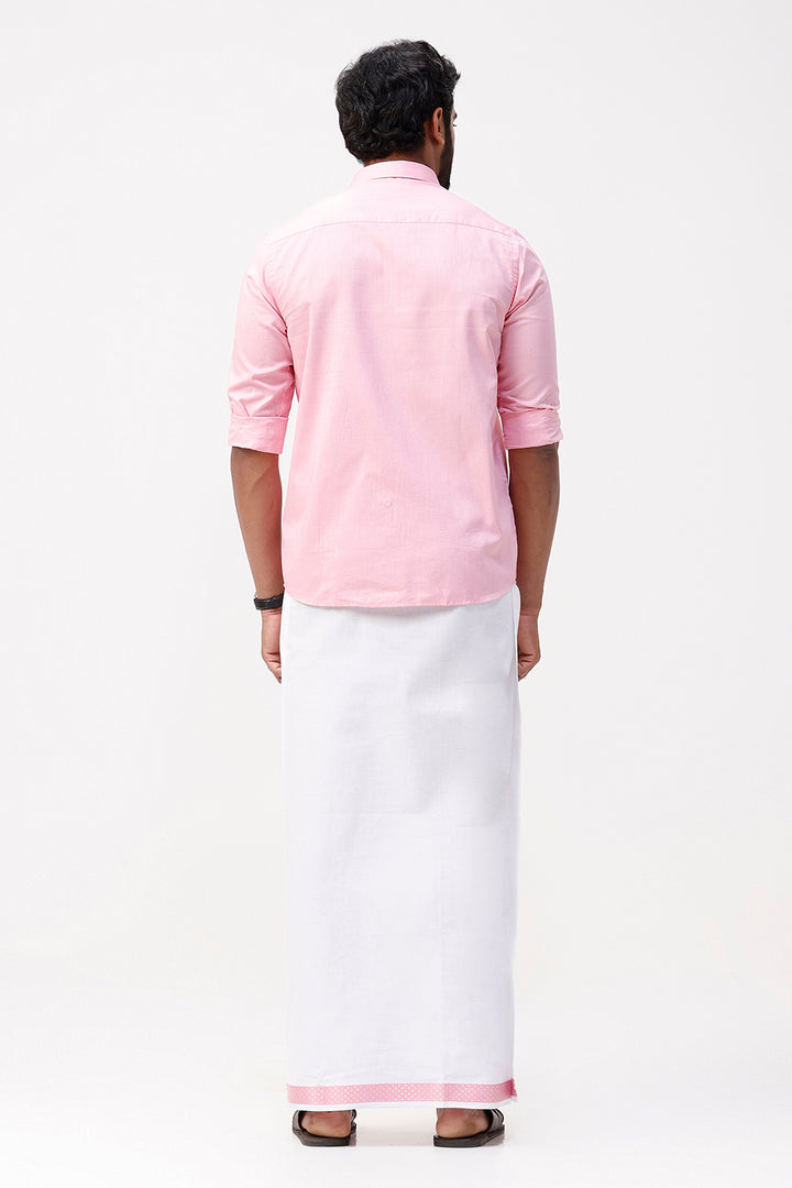 Pixel Grand - Pink Matching Shirt And Single Layered Jacquard Fancy Border Dhoti Set For Men | Uathayam