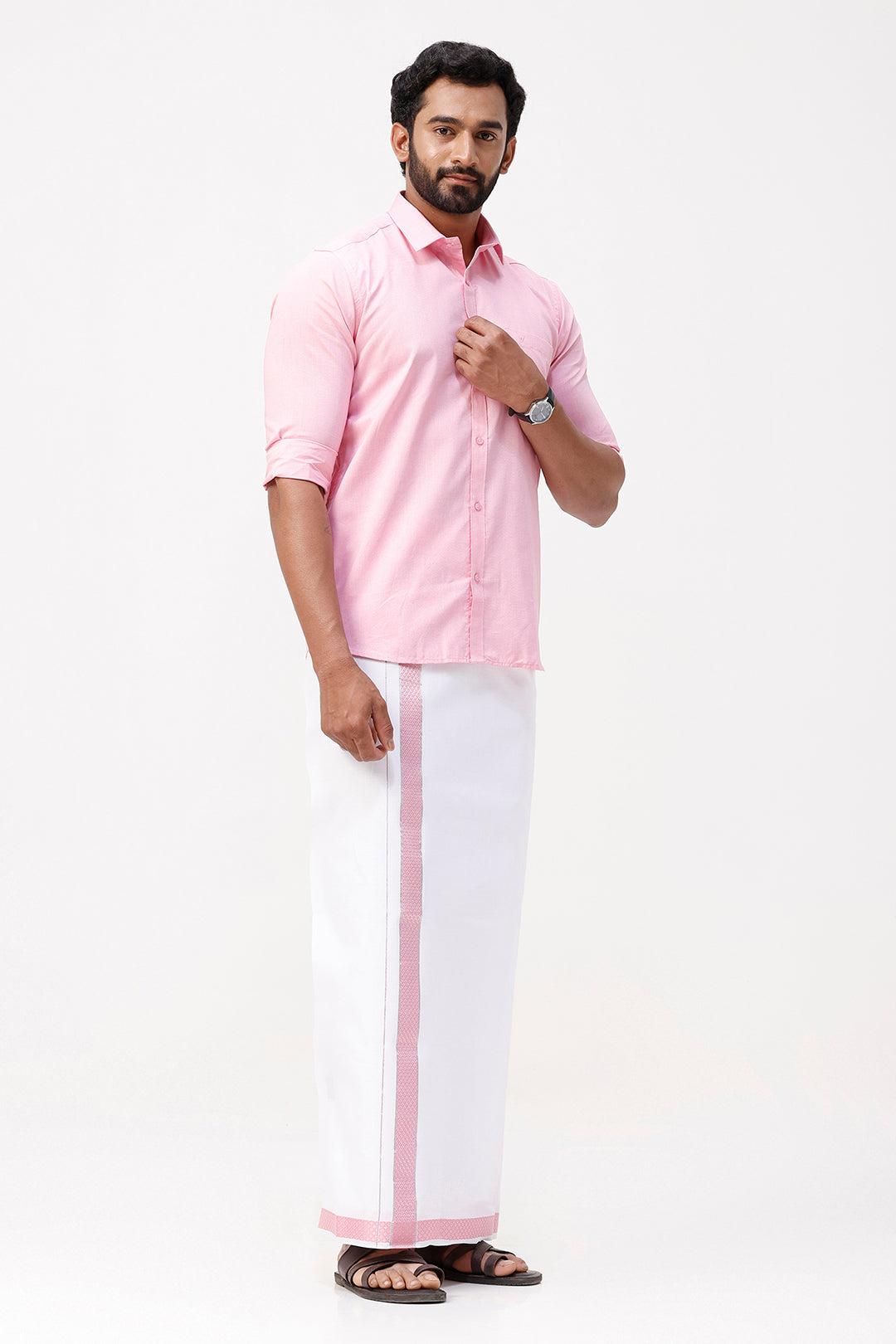 Pixel Grand - Pink Matching Shirt And Single Layered Jacquard Fancy Border Dhoti Set For Men | Uathayam