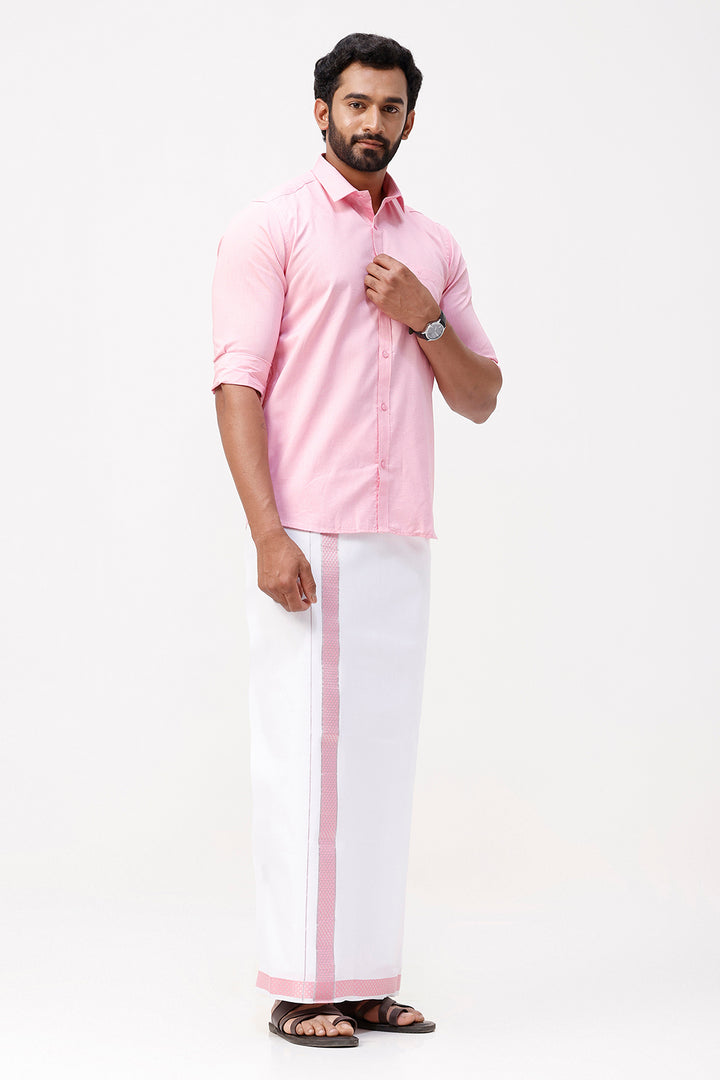 Pixel Grand - Pink Matching Shirt And Single Layered Jacquard Fancy Border Dhoti Set For Men | Uathayam