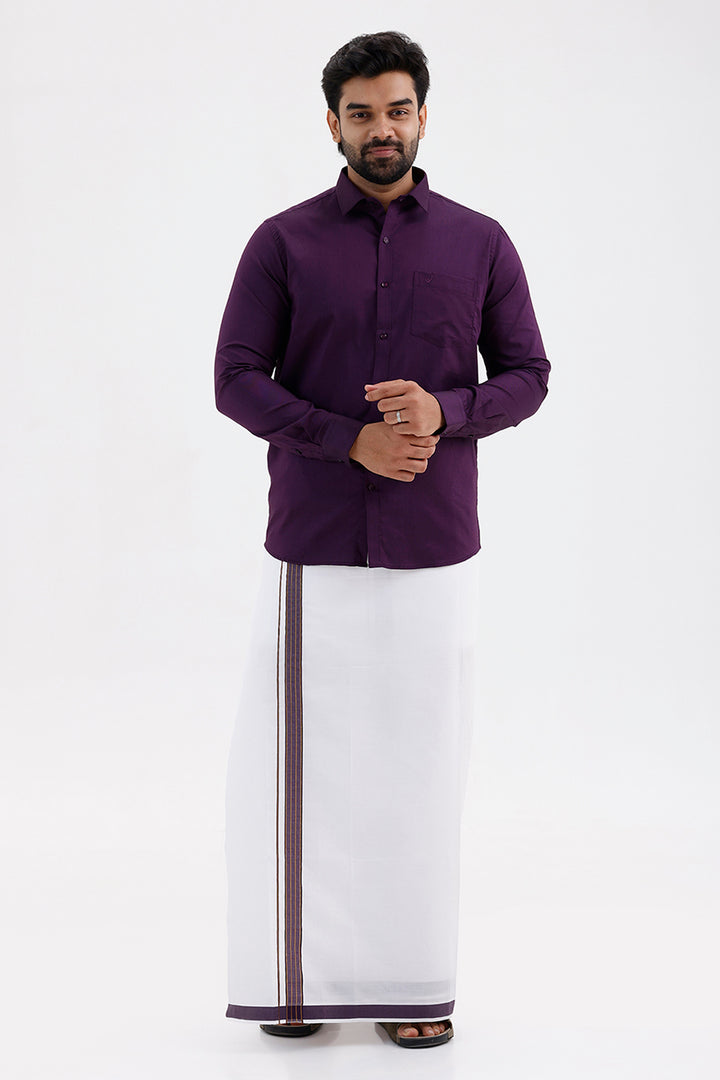 Pixel Grand - Dark Violet Matching Shirt And Single Layered Jacquard Fancy Border Dhoti Set For Men | Uathayam