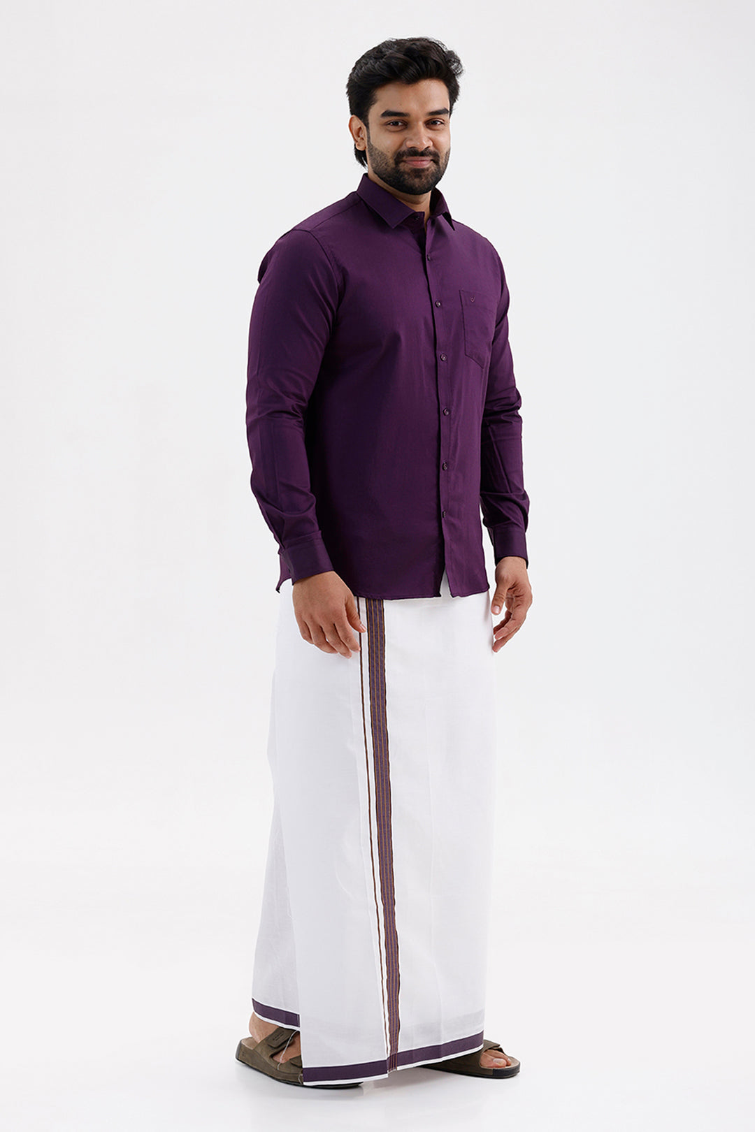 Pixel Grand - Dark Violet Matching Shirt And Single Layered Jacquard Fancy Border Dhoti Set For Men | Uathayam