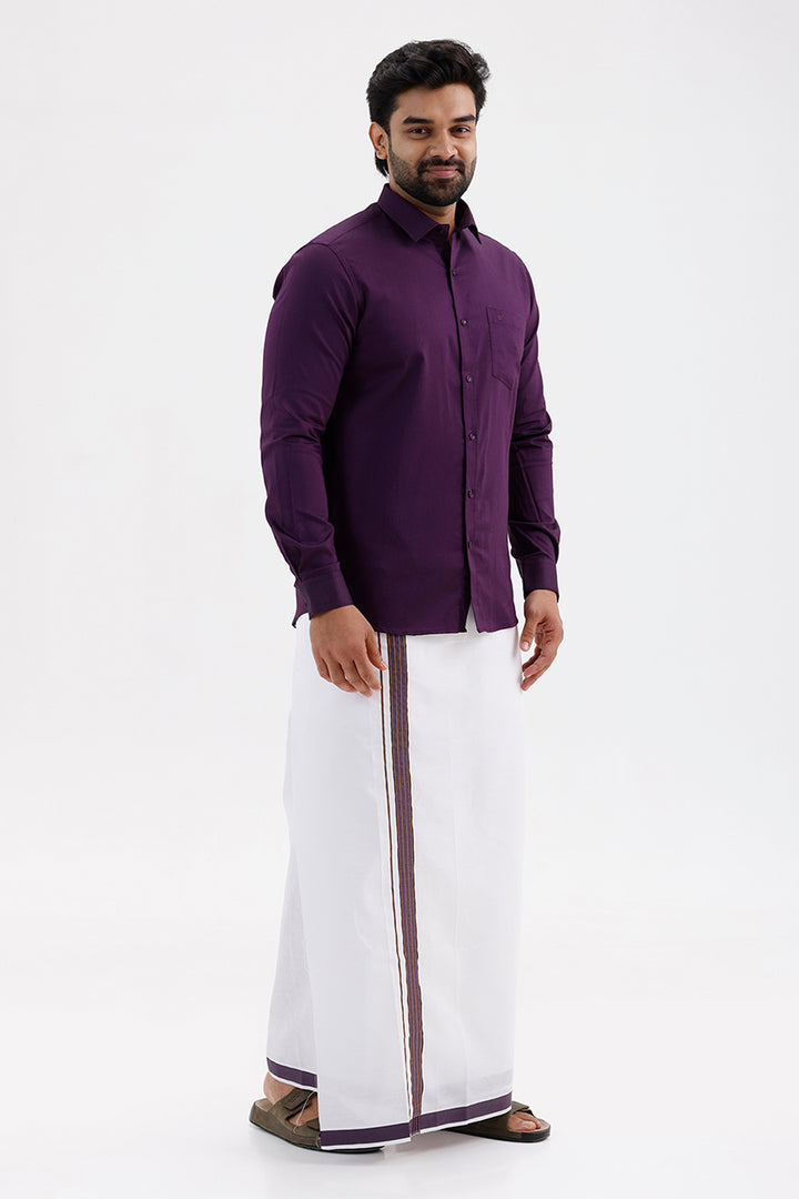 Pixel Grand - Dark Violet Matching Shirt And Single Layered Jacquard Fancy Border Dhoti Set For Men | Uathayam