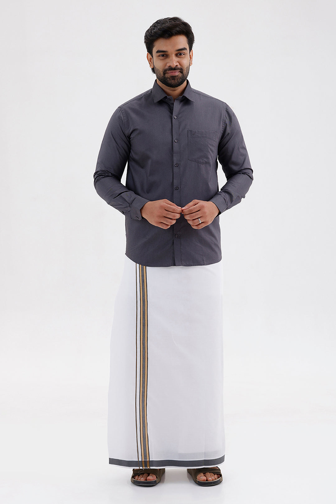 Pixel - Ash Gray Matching Shirt and Double Design Single Layered Fancy Border Dhoti Set For Men | Uathayam
