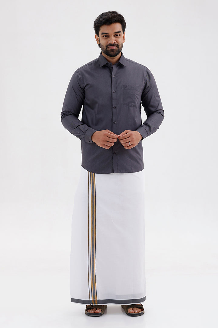 Pixel - Ash Gray Matching Shirt and Double Design Single Layered Fancy Border Dhoti Set For Men | Uathayam