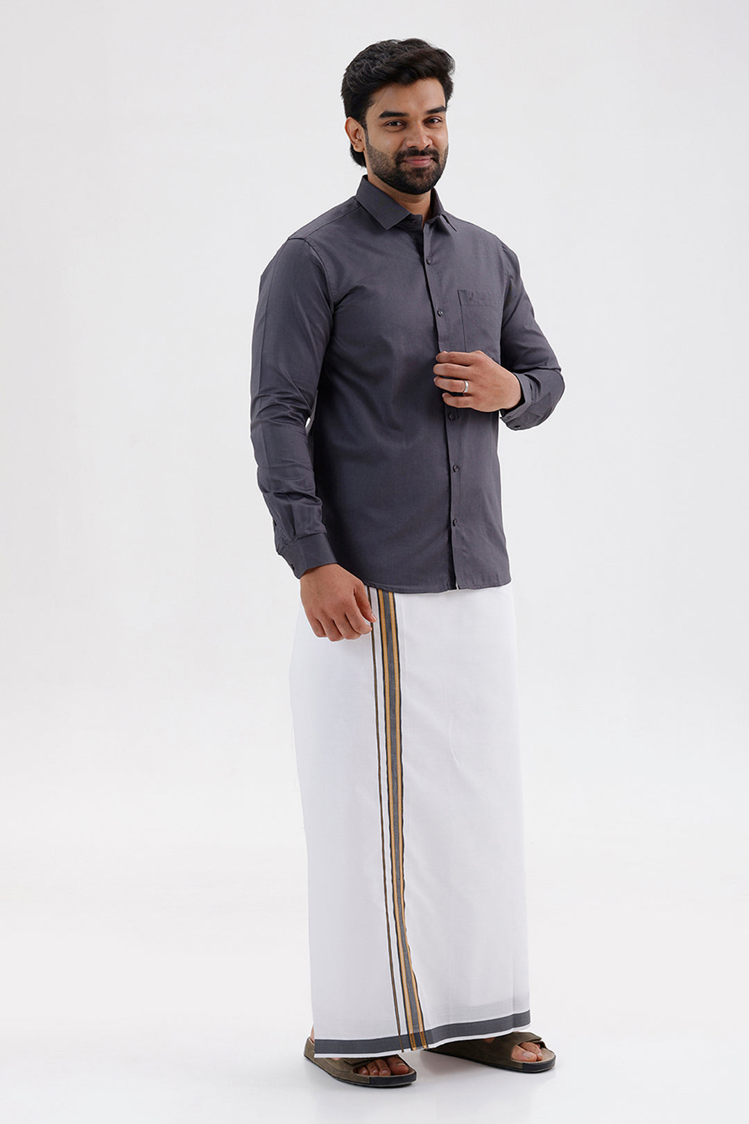 Pixel - Ash Gray Matching Shirt and Double Design Single Layered Fancy Border Dhoti Set For Men | Uathayam