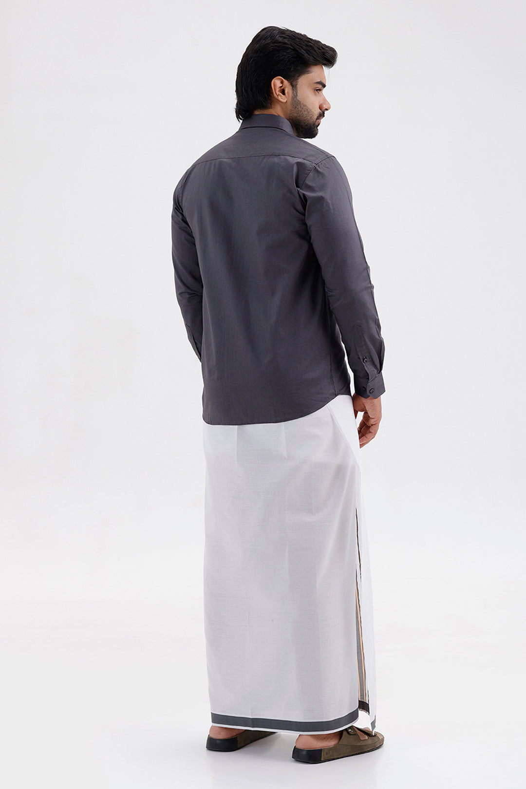 Pixel - Ash Gray Matching Shirt and Double Design Single Layered Fancy Border Dhoti Set For Men | Uathayam