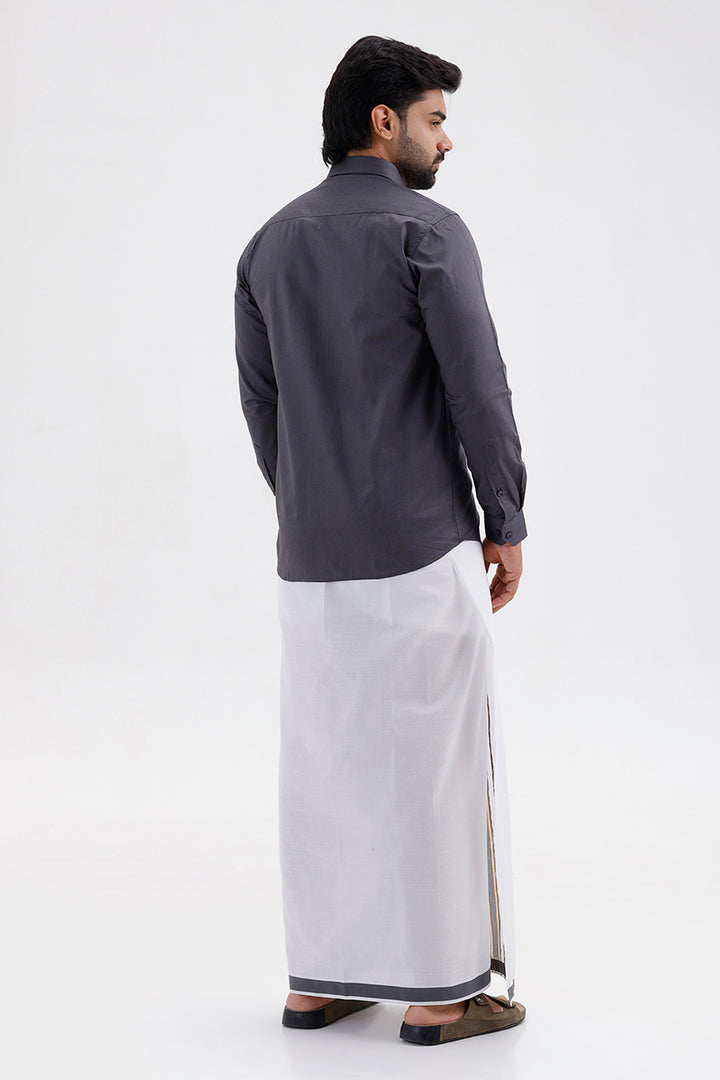 Pixel - Ash Gray Matching Shirt and Double Design Single Layered Fancy Border Dhoti Set For Men | Uathayam