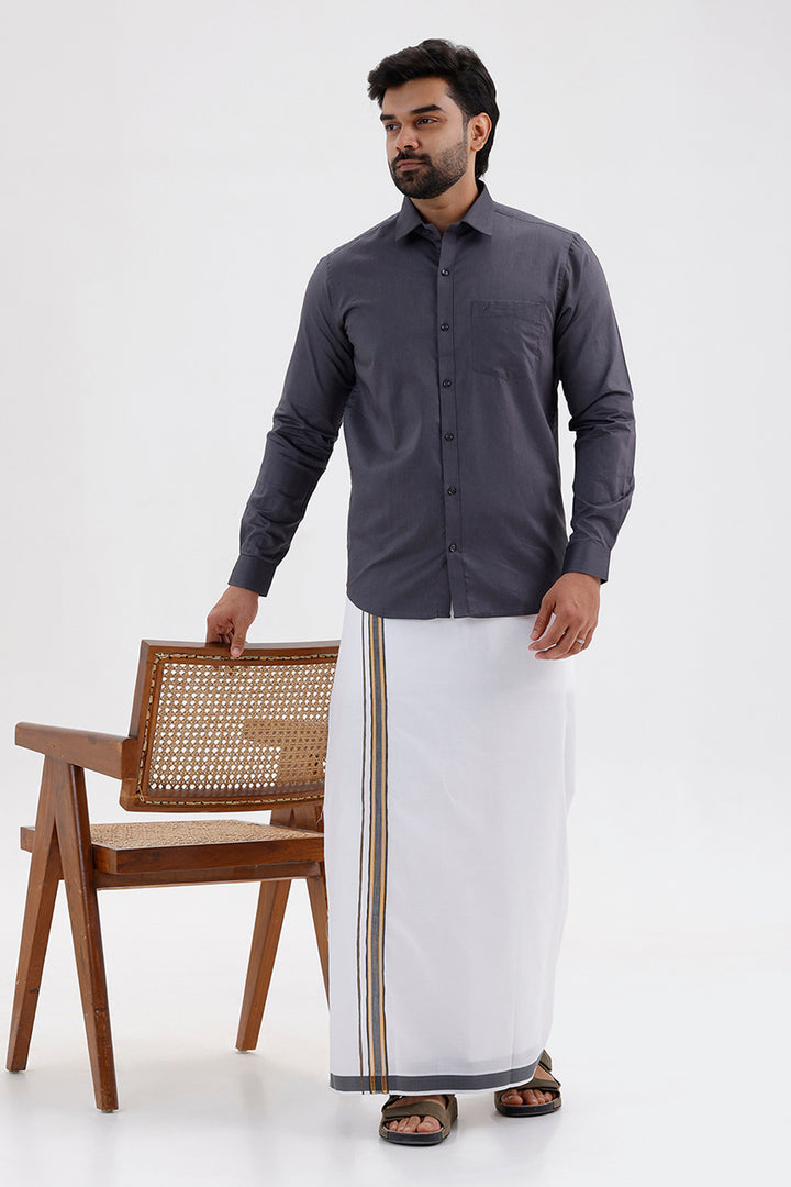 Pixel - Ash Gray Matching Shirt and Double Design Single Layered Fancy Border Dhoti Set For Men | Uathayam