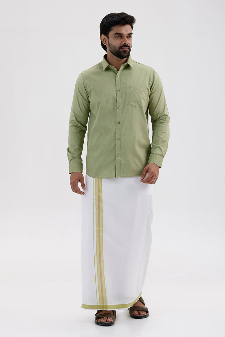 Pixel - Leaf Green Matching Shirt and Double Design Single Layered Fancy Border Dhoti Set For Men | Uathayam