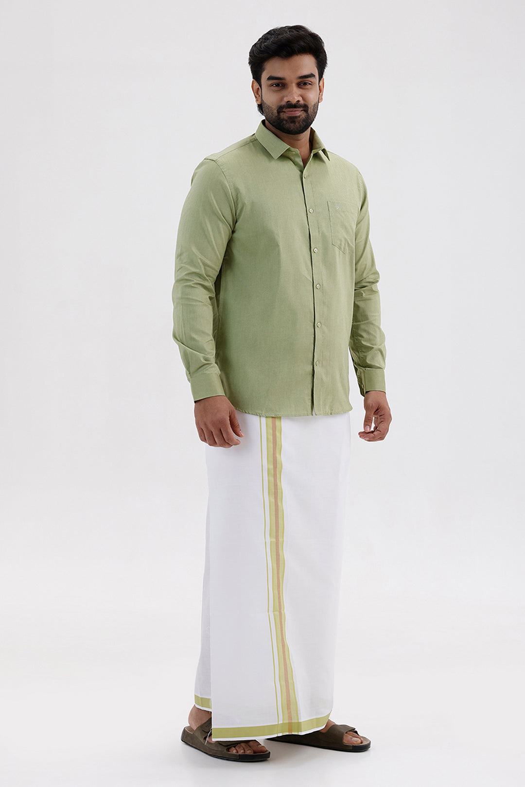 Pixel - Leaf Green Matching Shirt and Double Design Single Layered Fancy Border Dhoti Set For Men | Uathayam