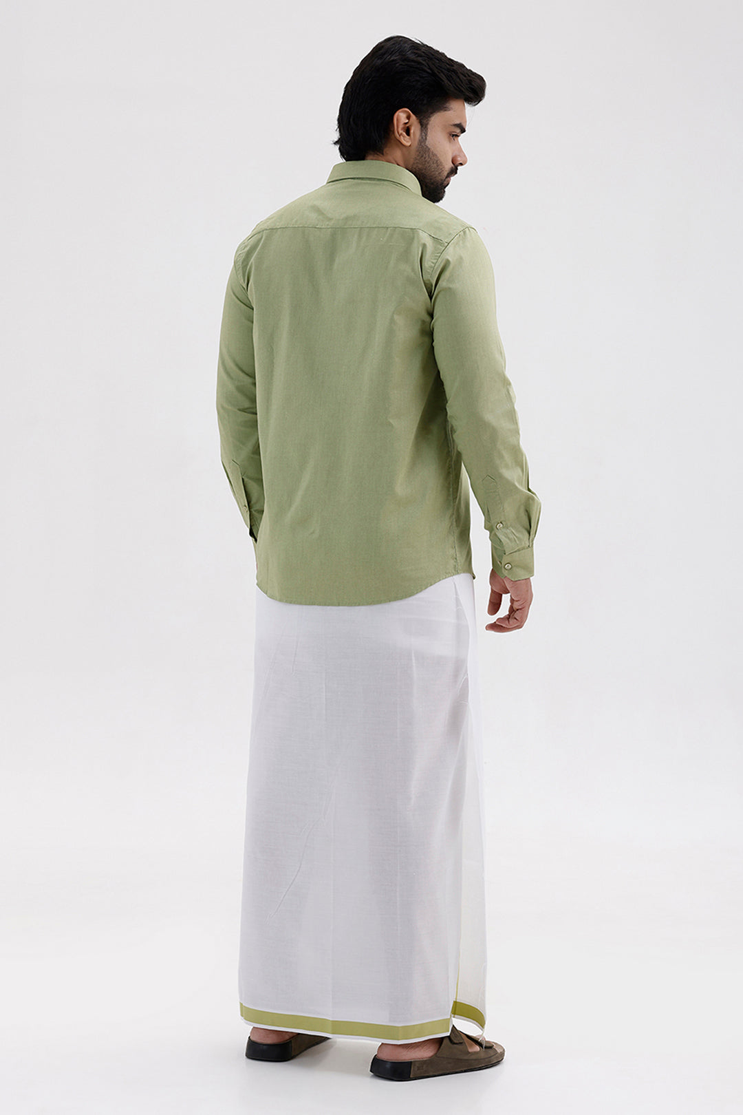 Pixel - Leaf Green Matching Shirt and Double Design Single Layered Fancy Border Dhoti Set For Men | Uathayam