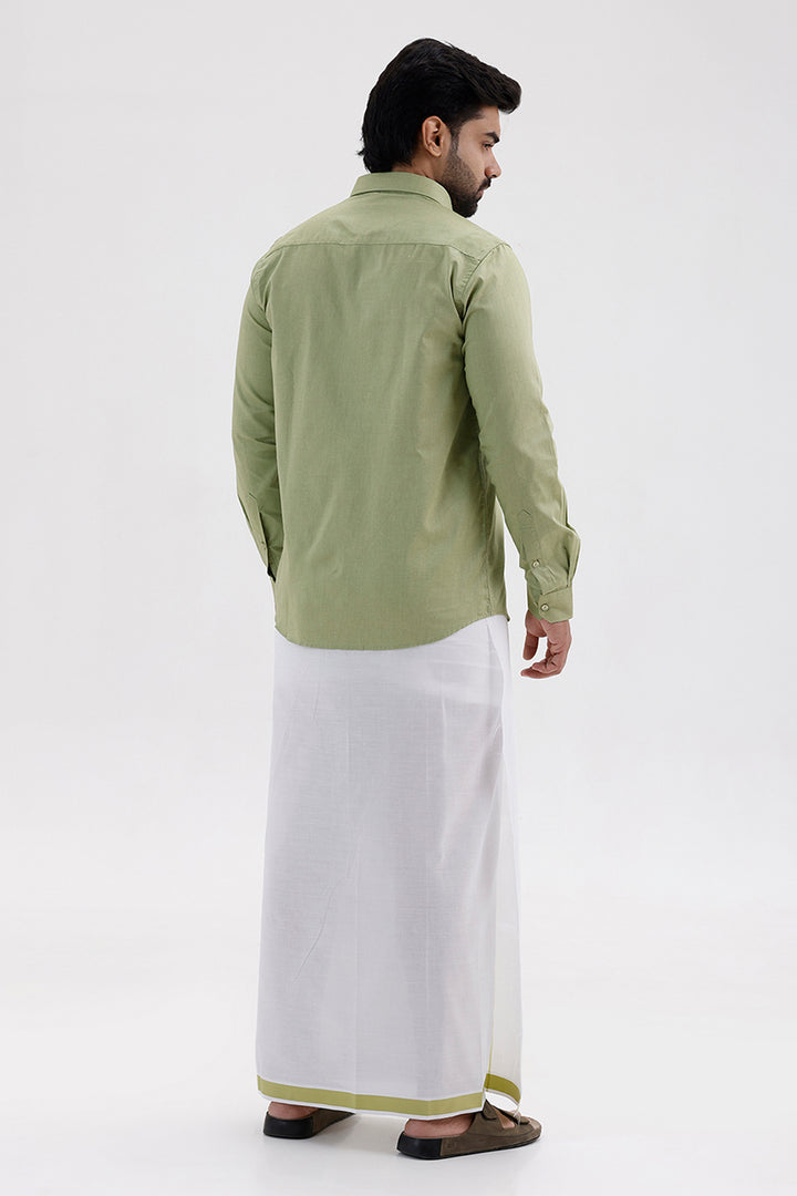 Pixel - Leaf Green Matching Shirt and Double Design Single Layered Fancy Border Dhoti Set For Men | Uathayam