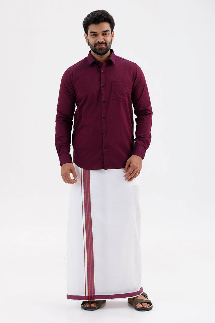 Pixel - Plum Red Matching Shirt and Double Design Single Layered Fancy Border Dhoti Set For Men | Uathayam