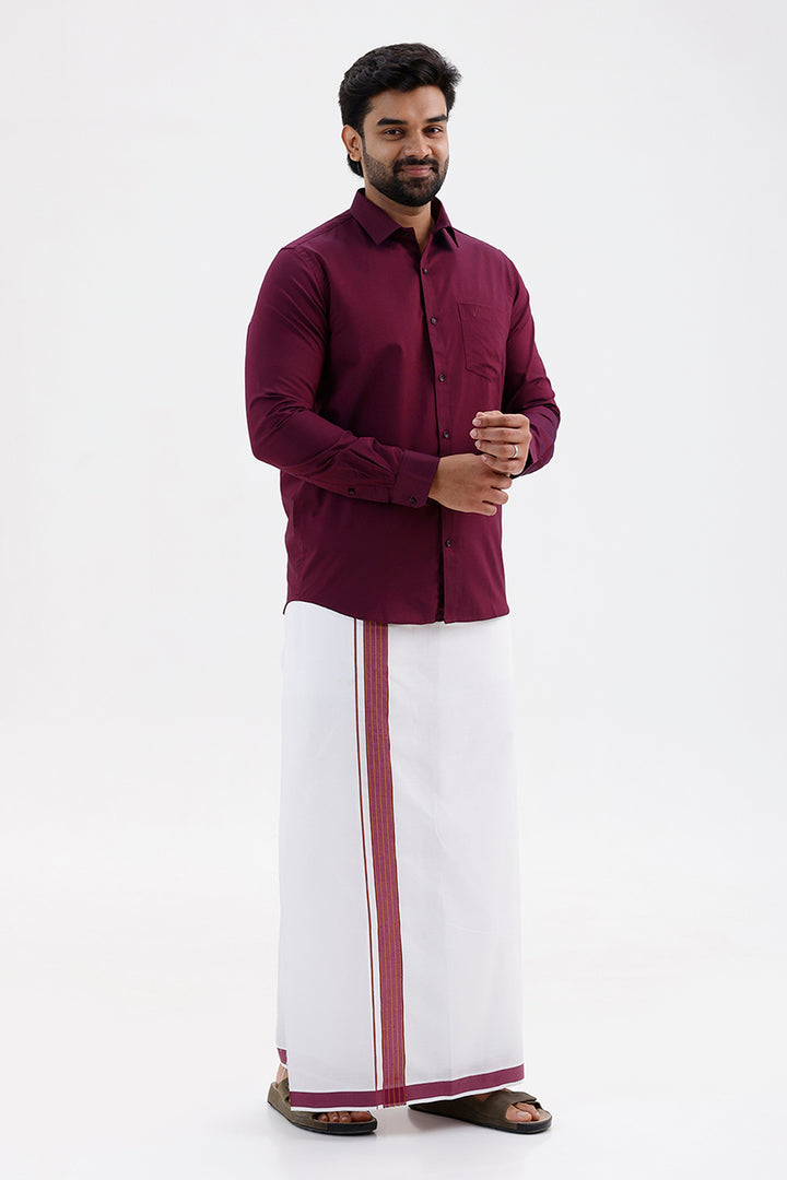 Pixel - Plum Red Matching Shirt and Double Design Single Layered Fancy Border Dhoti Set For Men | Uathayam