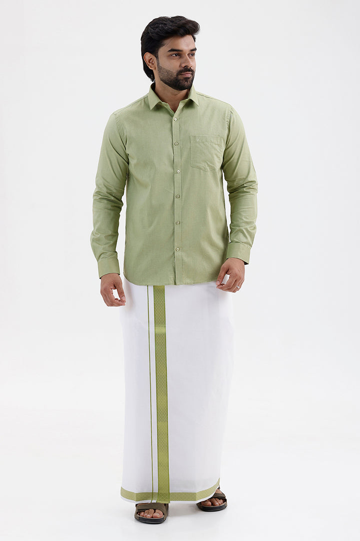 Pixel Grand - Leaf Green Matching Shirt And Single Layered Jacquard Fancy Border Dhoti Set For Men | Uathayam