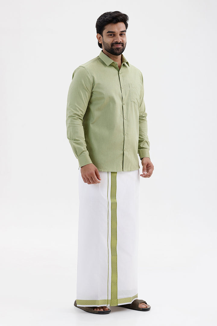 Pixel Grand - Leaf Green Matching Shirt And Single Layered Jacquard Fancy Border Dhoti Set For Men | Uathayam