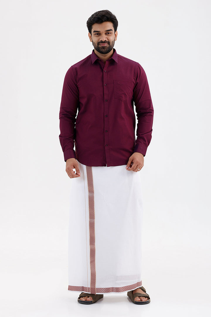 Pixel Grand -Plum Red Matching Shirt And Single Layered Fancy Border Dhoti Set For Men | Uathayam
