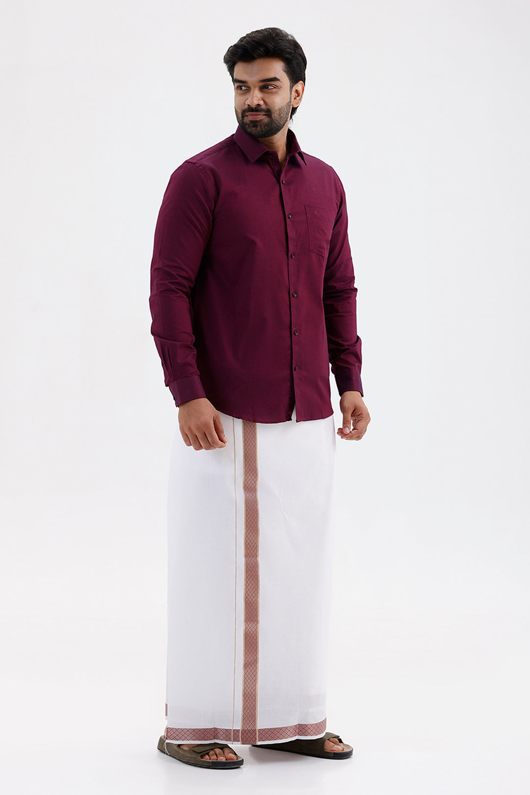 Pixel Grand -Plum Red Matching Shirt And Single Layered Fancy Border Dhoti Set For Men | Uathayam