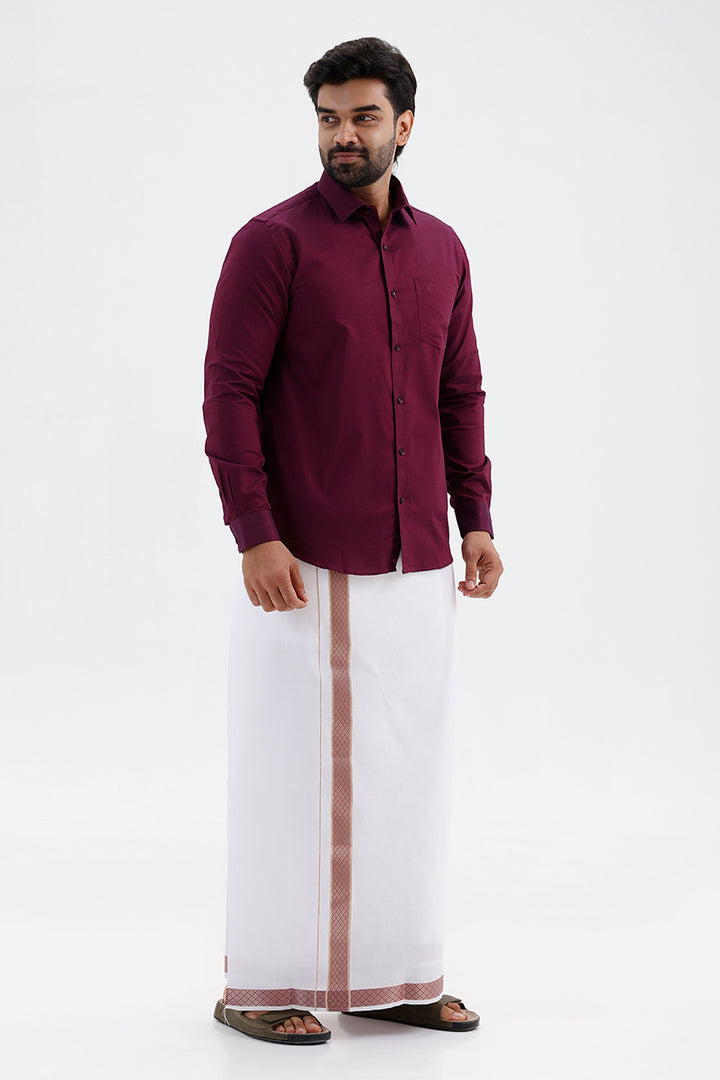 Pixel Grand -Plum Red Matching Shirt And Single Layered Fancy Border Dhoti Set For Men | Uathayam